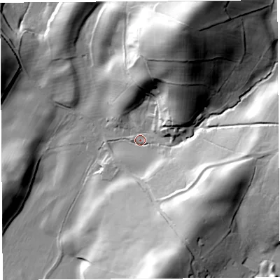Shaded relief map of the ground around LA80LZ, computed from Environment Agency LiDAR. The ground here sits at about 102 m above sea level and falls 59 m across the surrounding 800 m. Surface water reaching this point runs off ground lying to the north-north-east, 50.7 m higher.