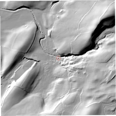 Shaded relief map of the ground around LA80NF, computed from Environment Agency LiDAR. The ground here sits at about 106 m above sea level and falls 54 m across the surrounding 800 m. Surface water reaching this point runs off ground lying to the north-east, 46.1 m higher.