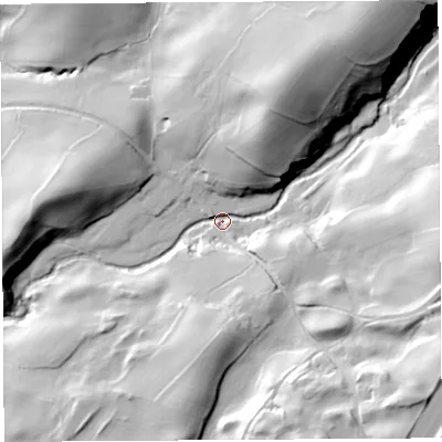 Shaded relief map of the ground around LA80NH, computed from Environment Agency LiDAR. The ground here sits at about 128 m above sea level and falls 59 m across the surrounding 800 m. Surface water reaching this point runs off ground lying to the east, 43.5 m higher.