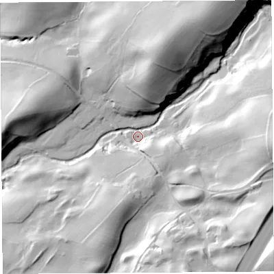 Shaded relief map of the ground around LA80NJ, computed from Environment Agency LiDAR. The ground here sits at about 130 m above sea level and falls 59 m across the surrounding 800 m. Surface water reaching this point runs off ground lying to the east, 49.9 m higher.