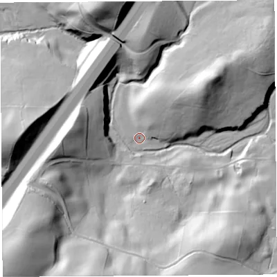 Shaded relief map of the ground around LA80NN, computed from Environment Agency LiDAR. The ground here sits at about 148 m above sea level and falls 54 m across the surrounding 800 m. Surface water reaching this point runs off ground lying to the south-west, 44.9 m higher.