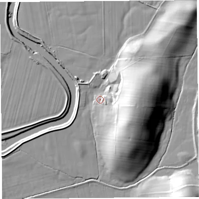 Shaded relief map of the ground around LA80PA, computed from Environment Agency LiDAR. The ground here sits at about 9 m above sea level and falls 25 m across the surrounding 800 m. Surface water reaching this point runs off ground lying to the east-south-east, 22.4 m higher.