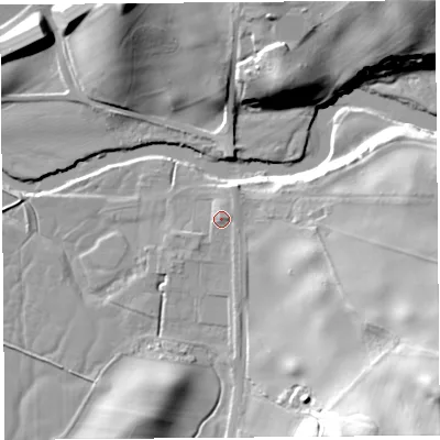 Shaded relief map of the ground around LA80PB, computed from Environment Agency LiDAR. The ground here sits at about 10 m above sea level and falls 38 m across the surrounding 800 m. Surface water reaching this point runs off ground lying to the east-north-east, 1.4 m higher.