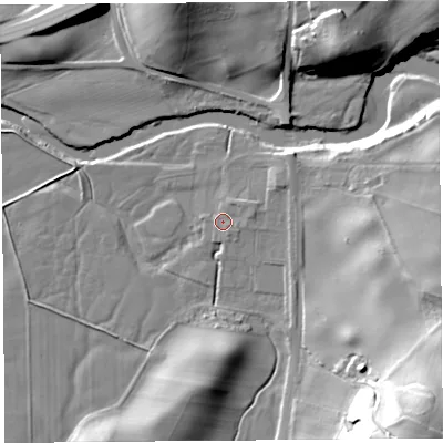 Shaded relief map of the ground around LA80PD, computed from Environment Agency LiDAR. The ground here sits at about 8 m above sea level and falls 38 m across the surrounding 800 m. Surface water reaching this point runs off ground lying to the east-north-east, 1.9 m higher.