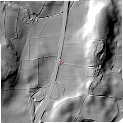 Shaded relief map of the ground around LA88AA, computed from Environment Agency LiDAR. The ground here sits at about 56 m above sea level and falls 53 m across the surrounding 800 m. Surface water reaching this point runs off ground lying to the north-north-west, 3.1 m higher.