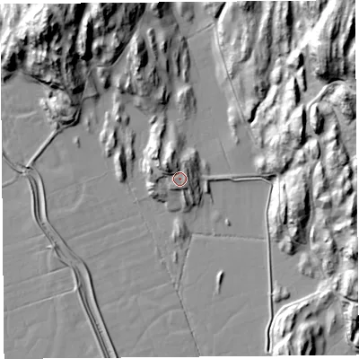 Shaded relief map of the ground around LA88AX, computed from Environment Agency LiDAR. The ground here sits at about 13 m above sea level and falls 56 m across the surrounding 800 m. Surface water reaching this point runs off ground lying to the north-west, 6.9 m higher.