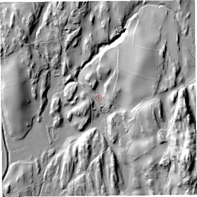 Shaded relief map of the ground around LA88AZ, computed from Environment Agency LiDAR. The ground here sits at about 18 m above sea level and falls 65 m across the surrounding 800 m. Surface water reaching this point runs off ground lying to the north-east, 31.1 m higher.