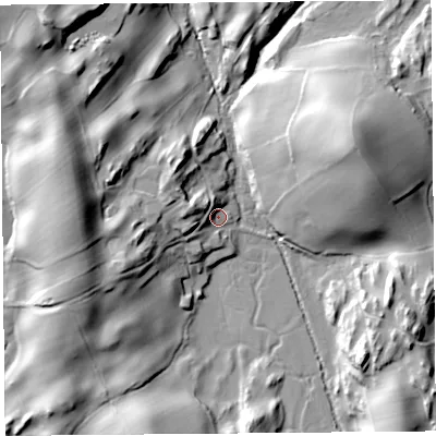 Shaded relief map of the ground around LA88BL, computed from Environment Agency LiDAR. The ground here sits at about 12 m above sea level and falls 41 m across the surrounding 800 m. Surface water reaching this point runs off ground lying to the west-north-west, 11.1 m higher.