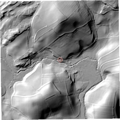 Shaded relief map of the ground around LA88BS, computed from Environment Agency LiDAR. The ground here sits at about 15 m above sea level and falls 52 m across the surrounding 800 m. Surface water reaching this point runs off ground lying to the north, 48.4 m higher.