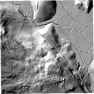 Shaded relief map of the ground around LA88DB, computed from Environment Agency LiDAR. The ground here sits at about 29 m above sea level and falls 93 m across the surrounding 800 m. Surface water reaching this point runs off ground lying to the south-west, 24.9 m higher.