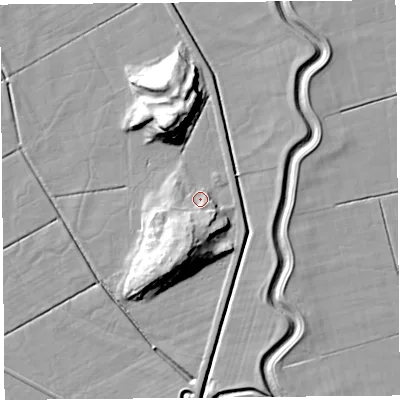 Shaded relief map of the ground around LA88DH, computed from Environment Agency LiDAR. The ground here sits at about 8 m above sea level and falls 21 m across the surrounding 800 m. Surface water reaching this point runs off ground lying to the south-south-west, 11.9 m higher.