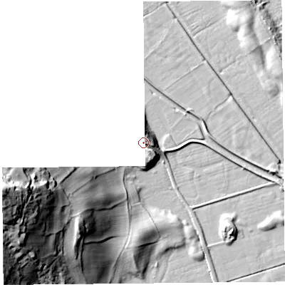 Shaded relief map of the ground around LA88DJ, computed from Environment Agency LiDAR. The ground here sits at about 14 m above sea level and falls 60 m across the surrounding 800 m. Surface water reaching this point runs off ground lying to the south-south-east, 2.3 m higher.