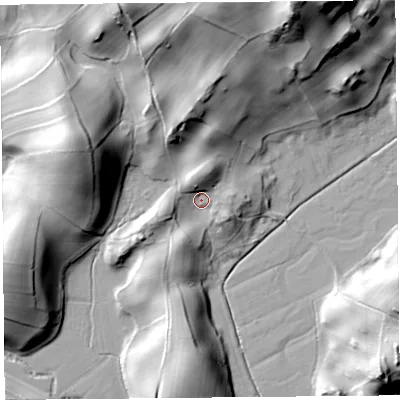 Shaded relief map of the ground around LA88DL, computed from Environment Agency LiDAR. The ground here sits at about 12 m above sea level and falls 48 m across the surrounding 800 m. Surface water reaching this point runs off ground lying to the north, 8.3 m higher.
