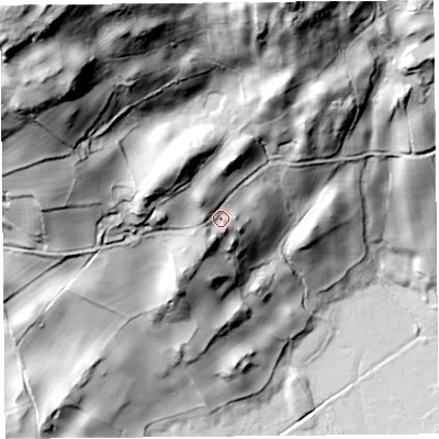 Shaded relief map of the ground around LA88DN, computed from Environment Agency LiDAR. The ground here sits at about 52 m above sea level and falls 130 m across the surrounding 800 m. Surface water reaching this point runs off ground lying to the north-west, 11.3 m higher.