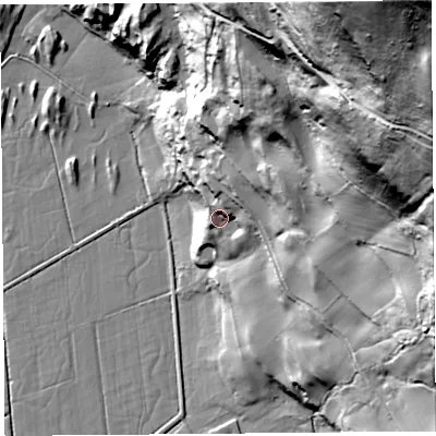 Shaded relief map of the ground around LA88DP, computed from Environment Agency LiDAR. The ground here sits at about 24 m above sea level and falls 156 m across the surrounding 800 m. Surface water reaching this point runs off ground lying to the north-east, 24.7 m higher.