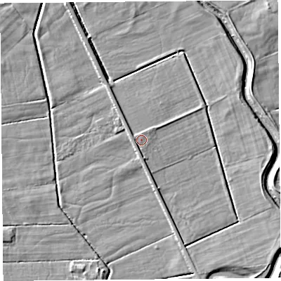 Shaded relief map of the ground around LA88DQ, computed from Environment Agency LiDAR. The ground here sits at about 6 m above sea level and falls 5 m across the surrounding 800 m. Surface water reaching this point runs off ground lying to the west-south-west, 1.4 m higher.