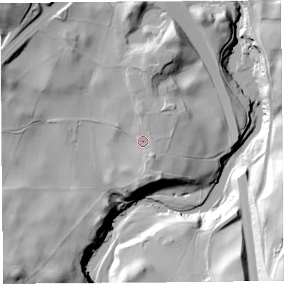 Shaded relief map of the ground around LA88ED, computed from Environment Agency LiDAR. The ground here sits at about 28 m above sea level and falls 47 m across the surrounding 800 m. Surface water reaching this point runs off ground lying to the east-north-east, 3.7 m higher.