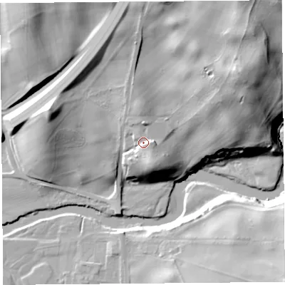 Shaded relief map of the ground around LA88EG, computed from Environment Agency LiDAR. The ground here sits at about 22 m above sea level and falls 39 m across the surrounding 800 m. Surface water reaching this point runs off ground lying to the east, 3.2 m higher.