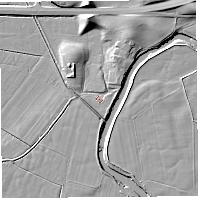Shaded relief map of the ground around LA88EH, computed from Environment Agency LiDAR. The ground here sits at about 7 m above sea level and falls 12 m across the surrounding 800 m. Surface water reaching this point runs off ground lying to the north-east, 3.2 m higher.