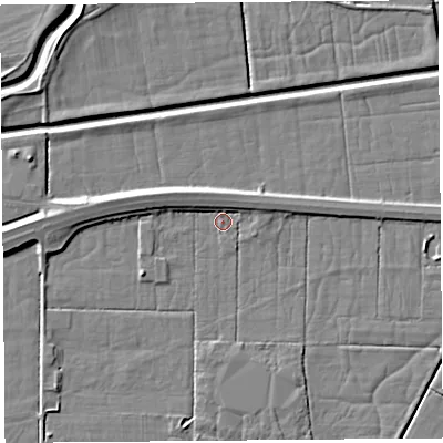 Shaded relief map of the ground around LA88EJ, computed from Environment Agency LiDAR. The ground here sits at about 5 m above sea level and falls 5 m across the surrounding 800 m. Surface water reaching this point runs off ground lying to the west, 3.8 m higher.