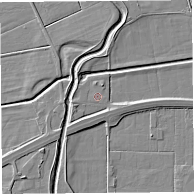 Shaded relief map of the ground around LA88EL, computed from Environment Agency LiDAR. The ground here sits at about 6 m above sea level and falls 6 m across the surrounding 800 m. The ground contributing surface water to this point lies to the south-south-west.