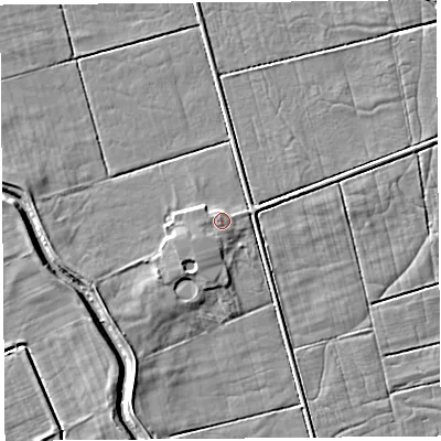 Shaded relief map of the ground around LA88EN, computed from Environment Agency LiDAR. The ground here sits at about 6 m above sea level and falls 5 m across the surrounding 800 m. Surface water reaching this point runs off ground lying to the south-west, 0.6 m higher.