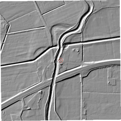 Shaded relief map of the ground around LA88EP, computed from Environment Agency LiDAR. The ground here sits at about 6 m above sea level and falls 6 m across the surrounding 800 m. Surface water reaching this point runs off ground lying to the south-west, 1.8 m higher.