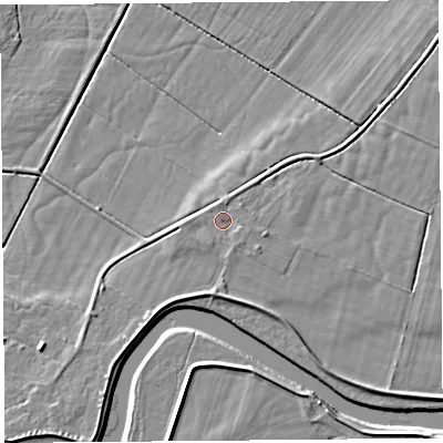 Shaded relief map of the ground around LA88EQ, computed from Environment Agency LiDAR. The ground here sits at about 7 m above sea level and falls 5 m across the surrounding 800 m. Surface water reaching this point runs off ground lying to the north-north-east, 1.0 m higher.