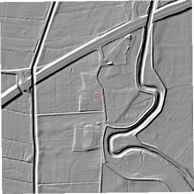 Shaded relief map of the ground around LA88ER, computed from Environment Agency LiDAR. The ground here sits at about 7 m above sea level and falls 6 m across the surrounding 800 m. Surface water reaching this point runs off ground lying to the north, 0.7 m higher.