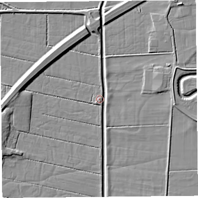 Shaded relief map of the ground around LA88ES, computed from Environment Agency LiDAR. The ground here sits at about 5 m above sea level and falls 6 m across the surrounding 800 m. Surface water reaching this point runs off ground lying to the north, 4.6 m higher.