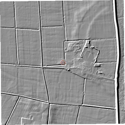 Shaded relief map of the ground around LA88ET, computed from Environment Agency LiDAR. The ground here sits at about 5 m above sea level and falls 6 m across the surrounding 800 m. Surface water reaching this point runs off ground lying to the north-east, 4.6 m higher.