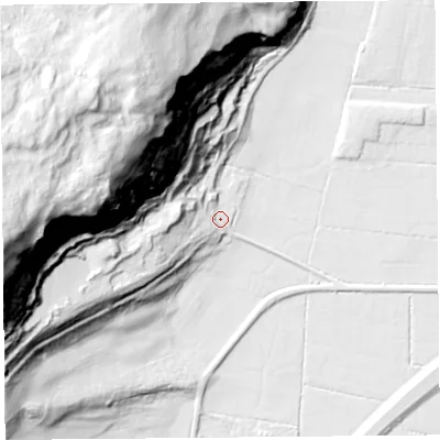 Shaded relief map of the ground around LA88EU, computed from Environment Agency LiDAR. The ground here sits at about 9 m above sea level and falls 181 m across the surrounding 800 m. Surface water reaching this point runs off ground lying to the west-south-west, 26.2 m higher.