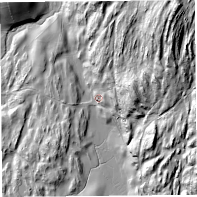 Shaded relief map of the ground around LA88HG, computed from Environment Agency LiDAR. The ground here sits at about 42 m above sea level and falls 89 m across the surrounding 800 m. Surface water reaching this point runs off ground lying to the north-east, 73.8 m higher.