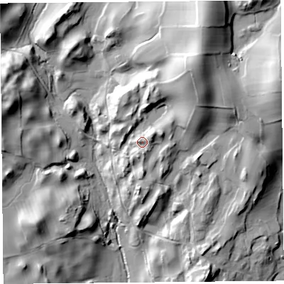 Shaded relief map of the ground around LA88HJ, computed from Environment Agency LiDAR. The ground here sits at about 42 m above sea level and falls 56 m across the surrounding 800 m. Surface water reaching this point runs off ground lying to the east, 5.1 m higher.