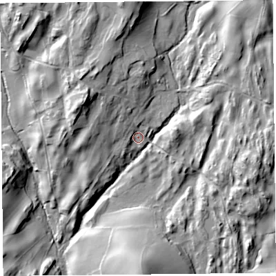 Shaded relief map of the ground around LA88HL, computed from Environment Agency LiDAR. The ground here sits at about 24 m above sea level and falls 37 m across the surrounding 800 m. Surface water reaching this point runs off ground lying to the north, 23.2 m higher.