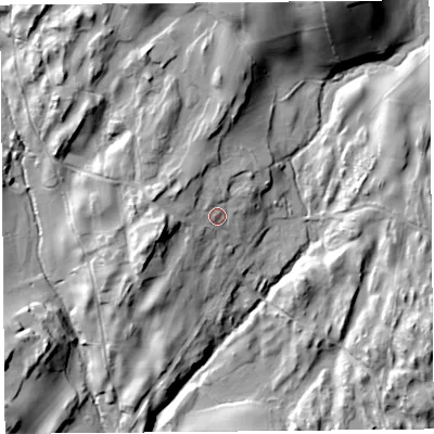 Shaded relief map of the ground around LA88HQ, computed from Environment Agency LiDAR. The ground here sits at about 34 m above sea level and falls 56 m across the surrounding 800 m. Surface water reaching this point runs off ground lying to the west, 10.7 m higher.