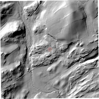 Shaded relief map of the ground around LA88HX, computed from Environment Agency LiDAR. The ground here sits at about 37 m above sea level and falls 58 m across the surrounding 800 m. Surface water reaching this point runs off ground lying to the north-east, 39.5 m higher.