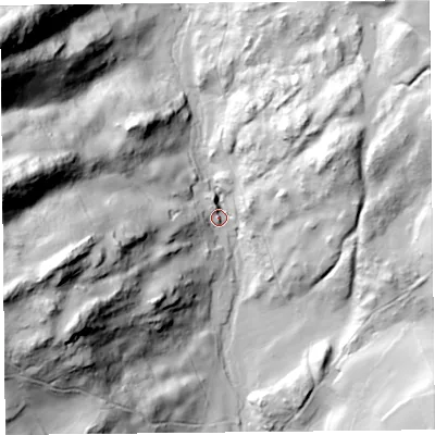 Shaded relief map of the ground around LA88JN, computed from Environment Agency LiDAR. The ground here sits at about 41 m above sea level and falls 102 m across the surrounding 800 m. Surface water reaching this point runs off ground lying to the north-west, 97.1 m higher.