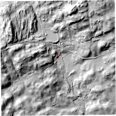 Shaded relief map of the ground around LA88LD, computed from Environment Agency LiDAR. The ground here sits at about 86 m above sea level and falls 80 m across the surrounding 800 m. Surface water reaching this point runs off ground lying to the west, 41.8 m higher.