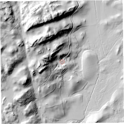 Shaded relief map of the ground around LA88LE, computed from Environment Agency LiDAR. The ground here sits at about 78 m above sea level and falls 82 m across the surrounding 800 m. Surface water reaching this point runs off ground lying to the west-north-west, 39.0 m higher.