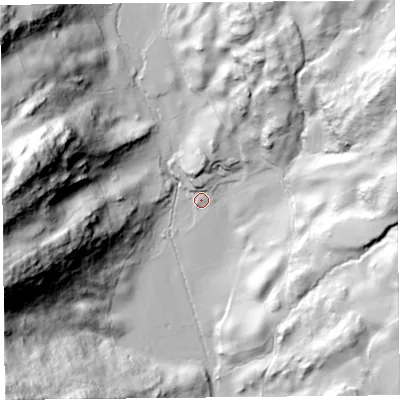 Shaded relief map of the ground around LA88LP, computed from Environment Agency LiDAR. The ground here sits at about 53 m above sea level and falls 94 m across the surrounding 800 m. Surface water reaching this point runs off ground lying to the north-north-east, 45.6 m higher.