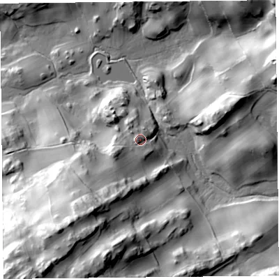 Shaded relief map of the ground around LA88LR, computed from Environment Agency LiDAR. The ground here sits at about 148 m above sea level and falls 74 m across the surrounding 800 m. Surface water reaching this point runs off ground lying to the west-north-west, 3.0 m higher.