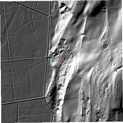 Shaded relief map of the ground around LA88NX, computed from Environment Agency LiDAR. The ground here sits at about 19 m above sea level and falls 95 m across the surrounding 800 m. Surface water reaching this point runs off ground lying to the east-south-east, 81.9 m higher.
