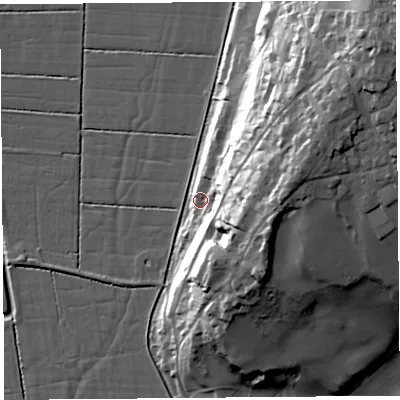 Shaded relief map of the ground around LA88PJ, computed from Environment Agency LiDAR. The ground here sits at about 10 m above sea level and falls 43 m across the surrounding 800 m. Surface water reaching this point runs off ground lying to the east-north-east, 34.6 m higher.