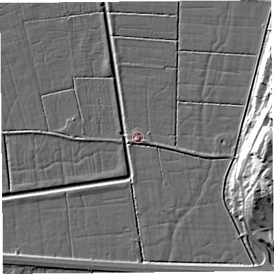 Shaded relief map of the ground around LA88PL, computed from Environment Agency LiDAR. The ground here sits at about 5 m above sea level and falls 29 m across the surrounding 800 m. Surface water reaching this point runs off ground lying to the south-south-west, 2.8 m higher.