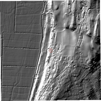 Shaded relief map of the ground around LA88PQ, computed from Environment Agency LiDAR. The ground here sits at about 19 m above sea level and falls 83 m across the surrounding 800 m. Surface water reaching this point runs off ground lying to the east-north-east, 60.4 m higher.