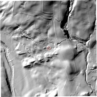 Shaded relief map of the ground around LA89AB, computed from Environment Agency LiDAR. The ground here sits at about 110 m above sea level and falls 122 m across the surrounding 800 m. Surface water reaching this point runs off ground lying to the north, 86.7 m higher.