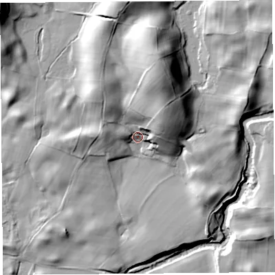 Shaded relief map of the ground around LA89AG, computed from Environment Agency LiDAR. The ground here sits at about 67 m above sea level and falls 40 m across the surrounding 800 m. Surface water reaching this point runs off ground lying to the north-north-east, 31.3 m higher.