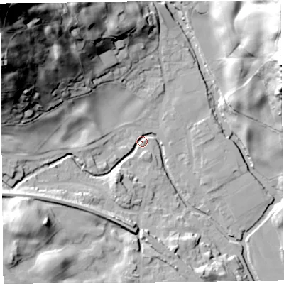 Shaded relief map of the ground around LA89AN, computed from Environment Agency LiDAR. The ground here sits at about 96 m above sea level and falls 96 m across the surrounding 800 m. Surface water reaching this point runs off ground lying to the north-west, 92.0 m higher.
