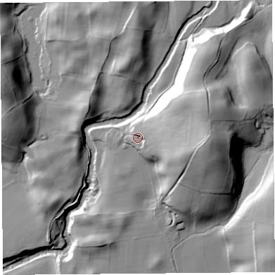 Shaded relief map of the ground around LA89AQ, computed from Environment Agency LiDAR. The ground here sits at about 77 m above sea level and falls 45 m across the surrounding 800 m. Surface water reaching this point runs off ground lying to the east, 26.2 m higher.
